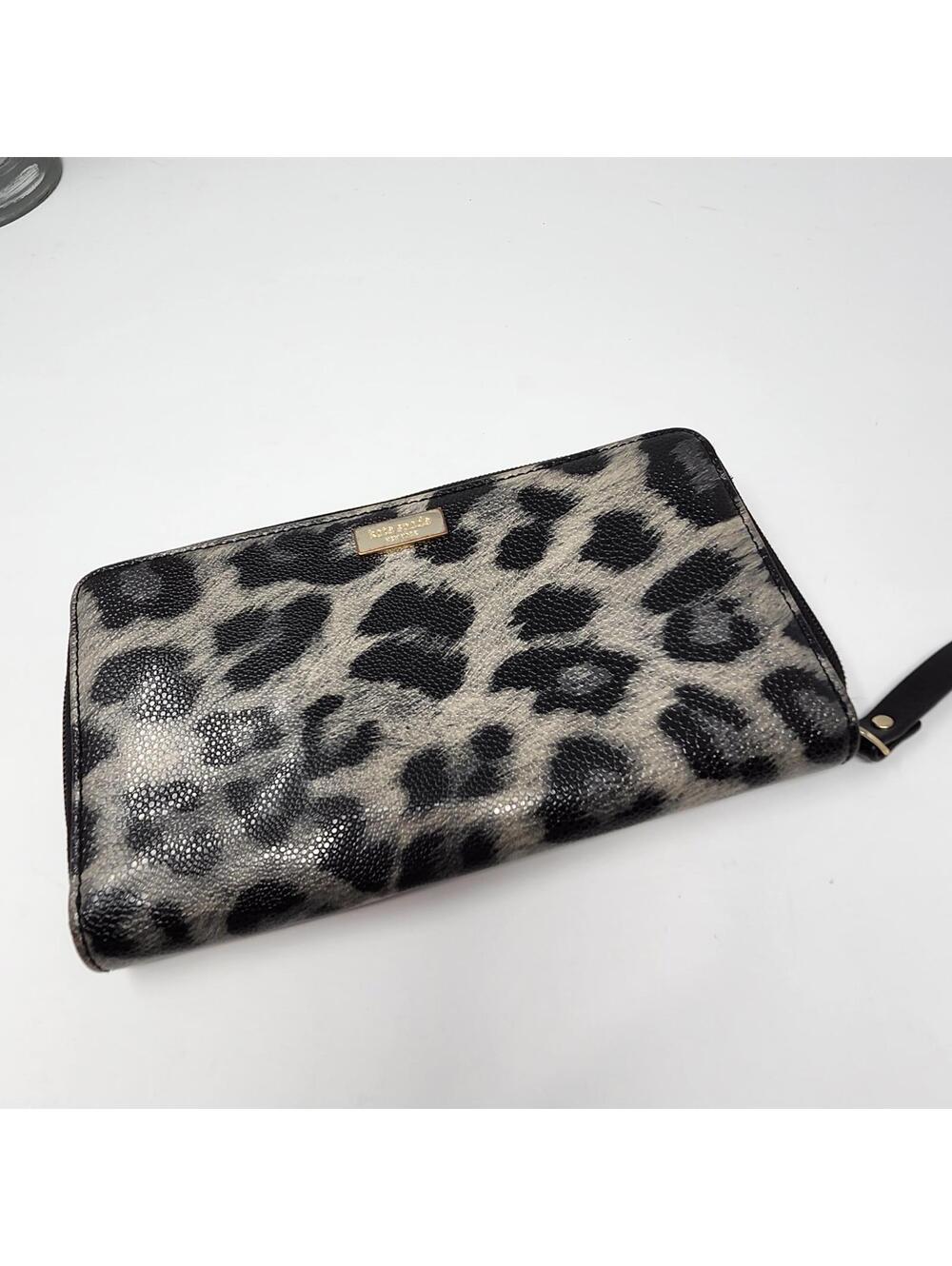 Kate Spade New York Leopard Zip Around Wallet 9x4 Black Cream